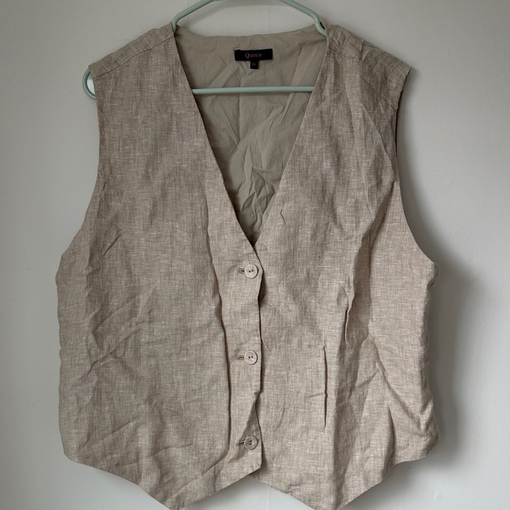 Quince Beige Linen Blend Button Vest - Picture 2 of 5